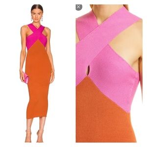 NWT LE SUPERBE Dragon Fruit Color Block Halter Bodycon Midi Dress Medium